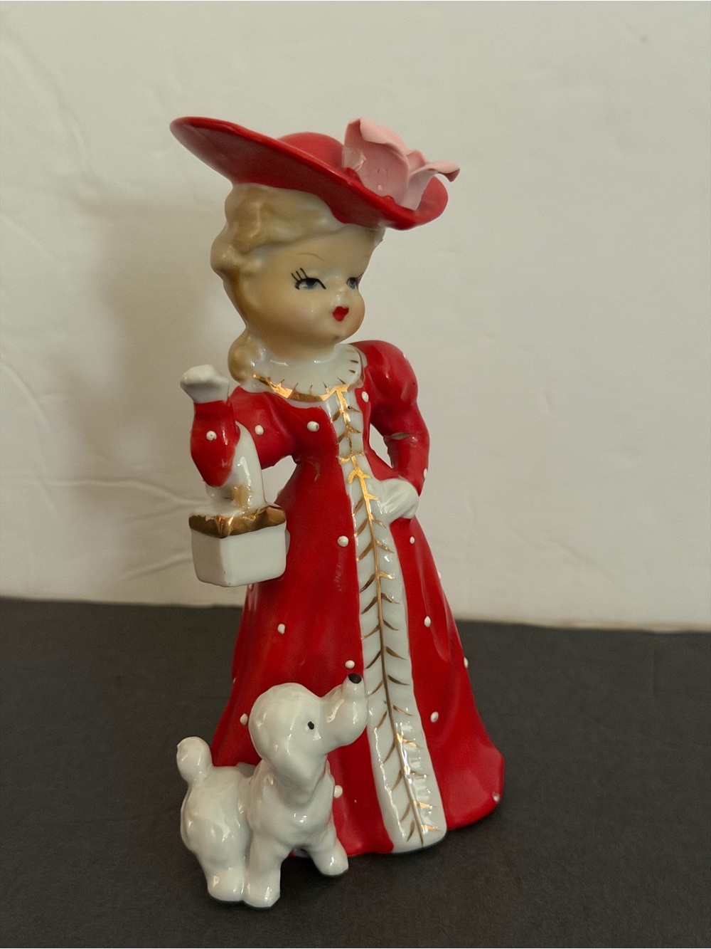Vintage Shafford Figurine Lady in Red Dress with White Poodle